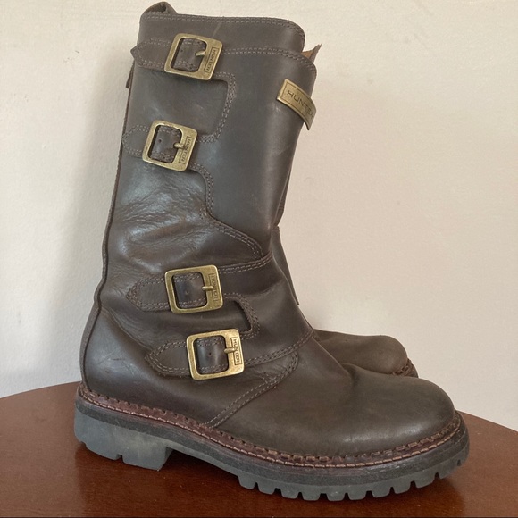 Hunter Alina Leather Biker Boots Brown 6 - Picture 1 of 7